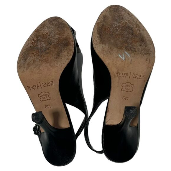 White House Black Market Shiny Black Slingback Heels White Bow Peep Toe Leather - Picture 8 of 9